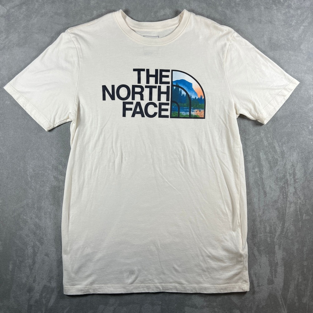 The North Face Mens Small Cream Graphic T-Shirt Yosemite Half Dome Logo Tee